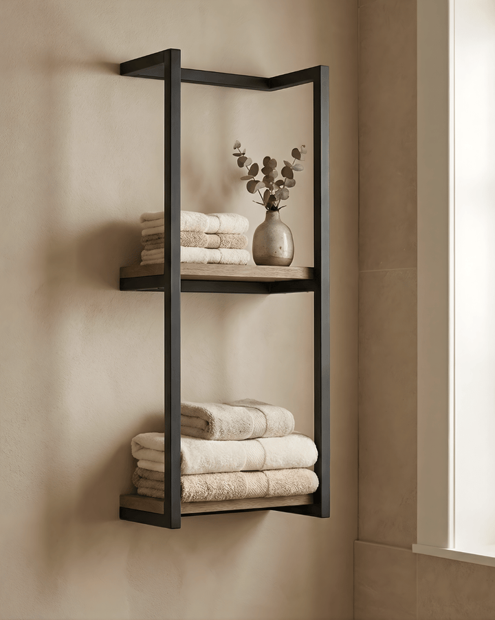 Handdoekrek 2-laags – hout met zwart stalen frame, 77 cm