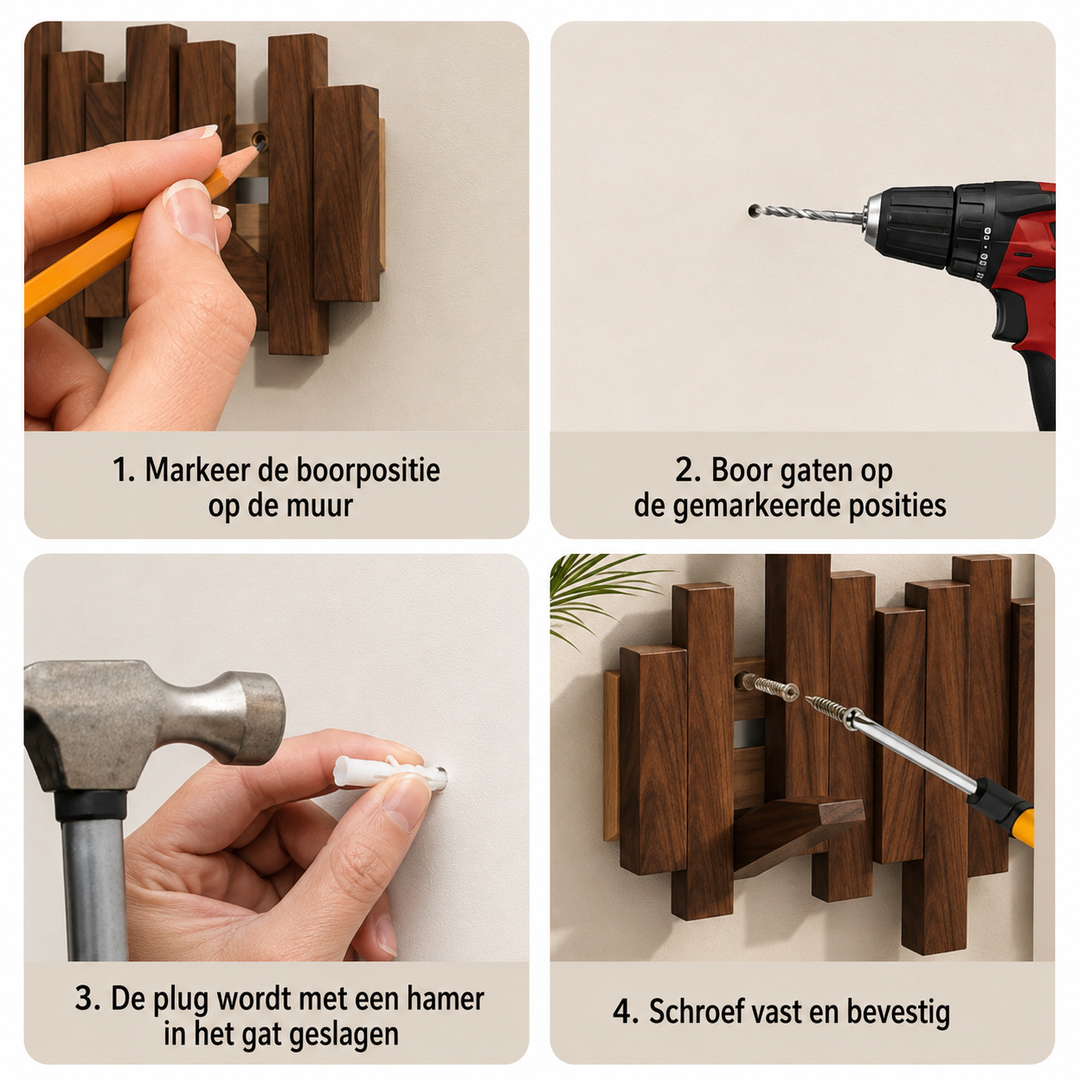 Wandkapstok pianotoetsen – massief hout, 3 tot 8 haken