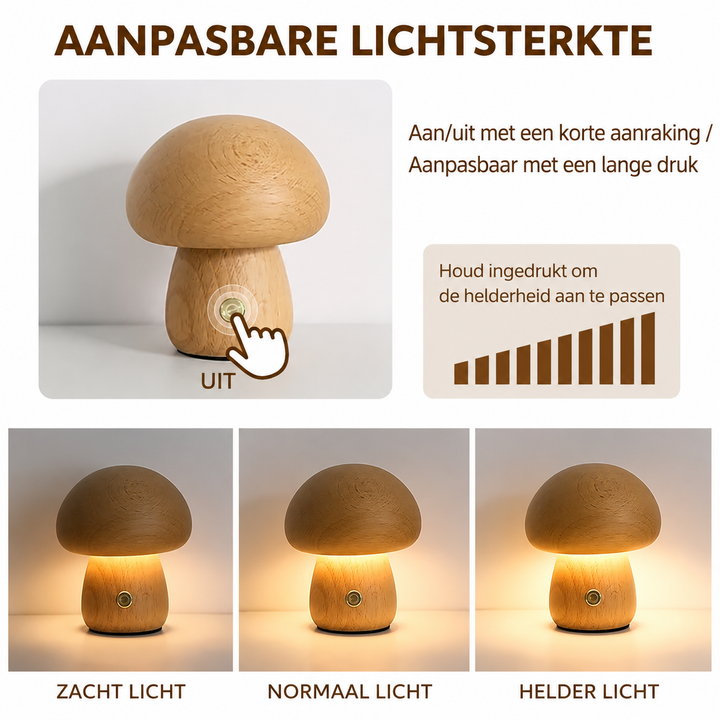 Oplaadbare tafellamp paddenstoelvorm – hout, dimbaar