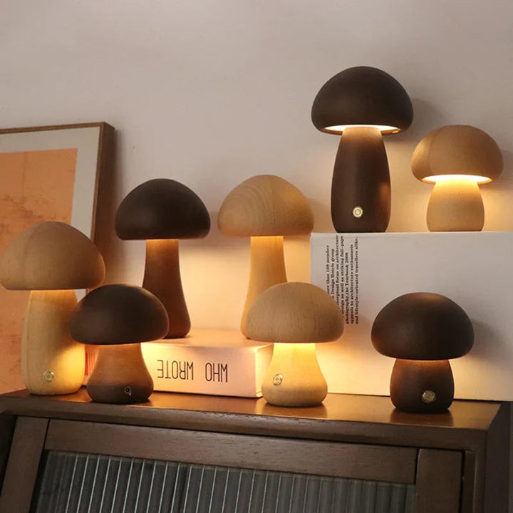 Oplaadbare tafellamp paddenstoelvorm – hout, dimbaar