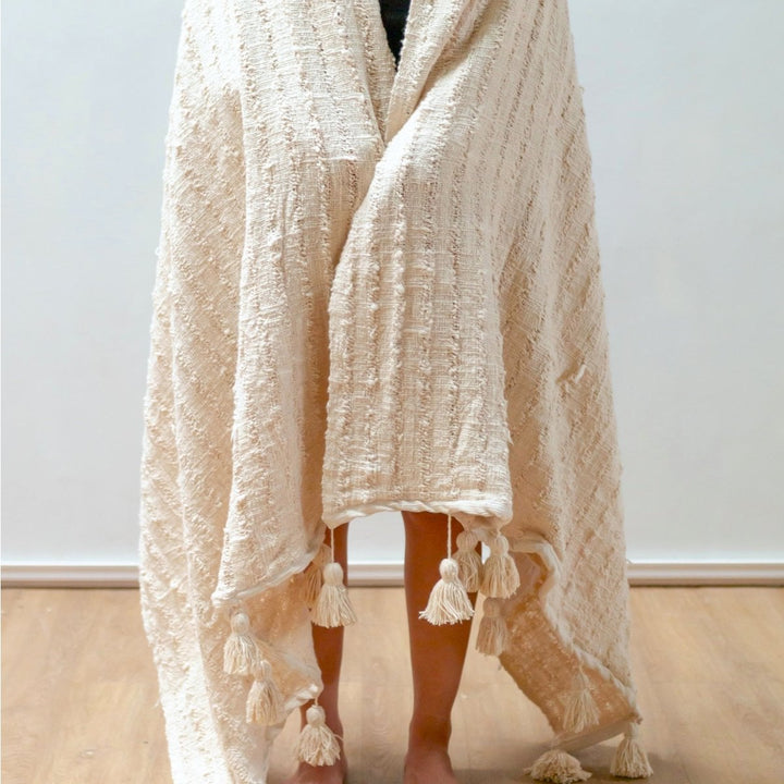 Handgeweven katoenen deken – 110 x 200 cm, beige